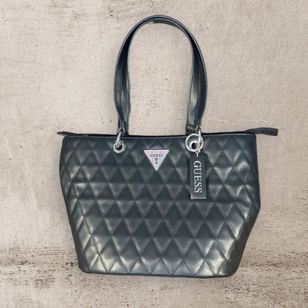 GUESS Black QUILTED Diamond Tote Bag Handbag Silver Shoulder Logo + Keychain